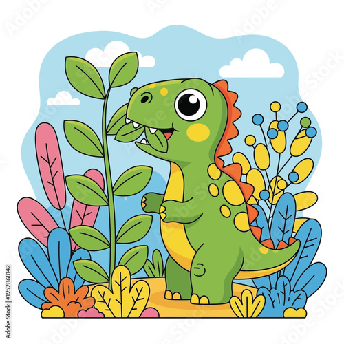 Cute cartoon green dinosaur eating leaves happily.