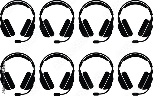 Eight black silhouette headphones with microphones arranged in two rows on a white background.