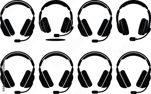 Eight black silhouette headphones with microphones arranged in two rows on a white background.