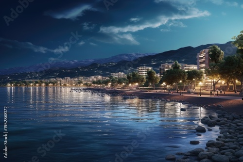 A captivating view of a beach at night with majestic mountains in the background. This image can be used to portray the tranquility and beauty of nature.