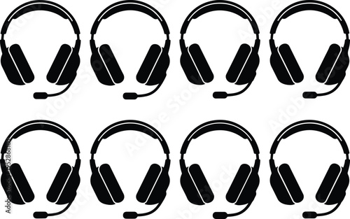 Eight black silhouette headphones with microphones arranged in two rows on a white background.