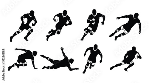 Rugby players in various dynamic poses running tackling and kicking black silhouettes on white background sports and fitness concept