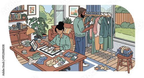 Couple working together in a home studio designing clothes.