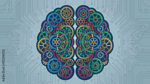 Human brain made of colorful mechanical gears on digital circuit board background