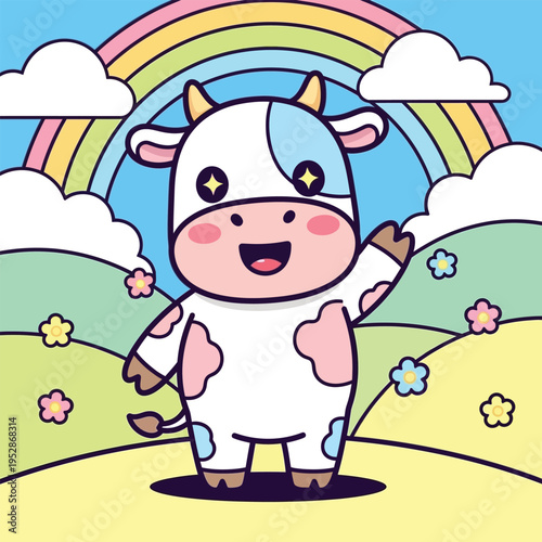Cute cartoon cow waving happily in a field.