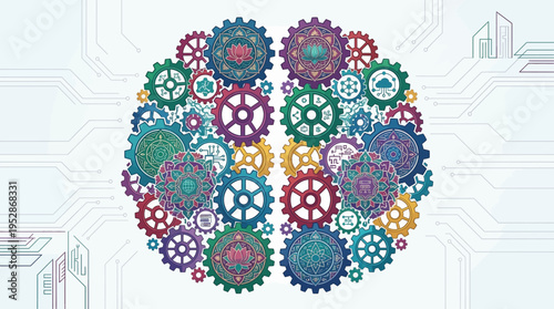 Artificial intelligence concept with mechanical gear brain and traditional mandala lotus patterns