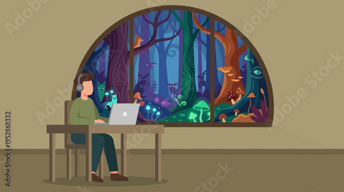 Creative remote work concept with man looking at magical glowing enchanted forest from office