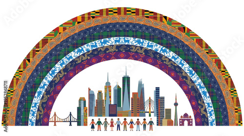 Global diversity unity concept with multi ethnic people and cityscape under a cultural textile rainbow