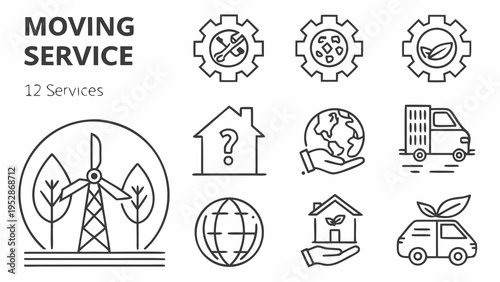 Moving service 12 services clean line icons set including environmental focus home relocation and global transport