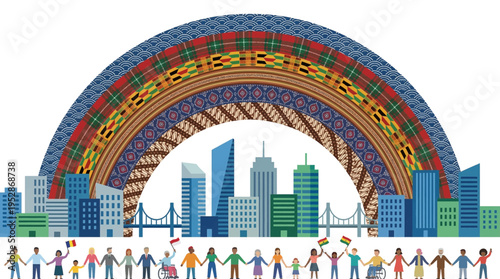 Global diversity and inclusion concept with multiracial crowd holding hands under cultural textile rainbow