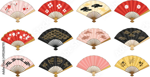 Japanese folding fan vector set with floral patterns, traditional hand fans, oriental decorative accessories illustration collection