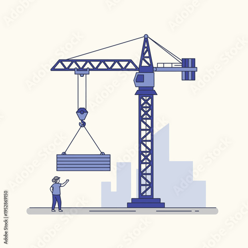 Construction Crane Lifting Heavy Load with Worker Below.