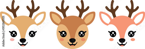 A cute illustration of three deer heads with colorful faces and antlers