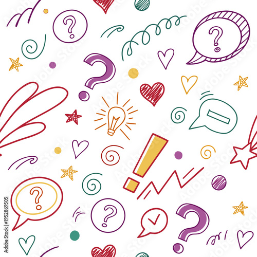 Seamless pattern featuring various hand drawn doodle elements like question marks, hearts, light bulbs, and expressive speech bubbles