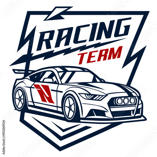 Racing team emblem with stylized sports car and lightning bolts, dynamic graphic design for automotive enthusiasts and motorsport