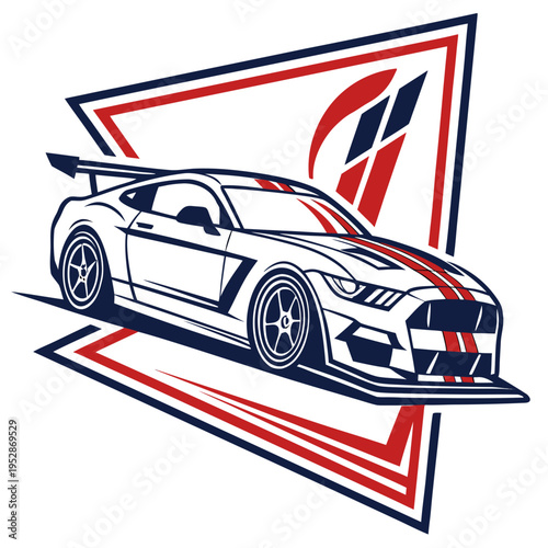 Aggressive sports car with racing stripes, set within bold geometric borders, signifying speed, power, and performance automotive graphics