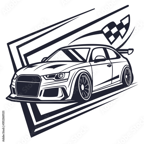 Modern sports car and checkered flag, dynamic design element for racing and automotive themes, speed and competition concept