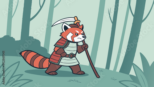 Ferocious red panda warrior in samurai armor holding scythe weapon standing in forest, fierce expression, detailed illustration, stylized character