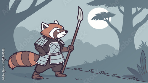 Brave red panda warrior wearing traditional armor holding spear, standing in grassy field with moonlit trees, determined look, illustrative style