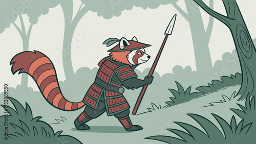 Samurai red panda warrior with spear in forest, cartoon character illustration, nature and fantasy theme, cute and adventurous spirit