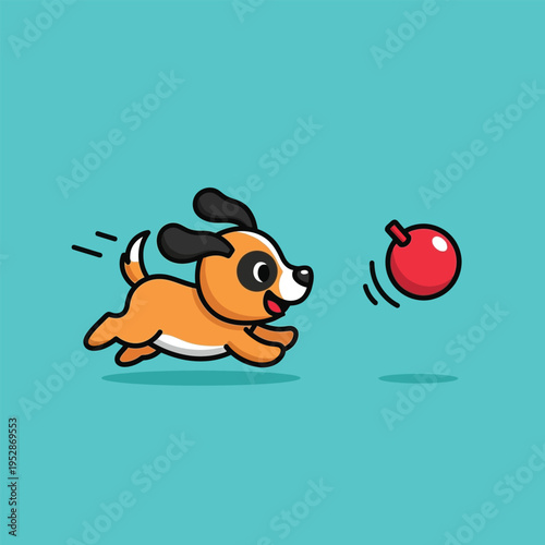 Cute cartoon dog playing with a red ball.