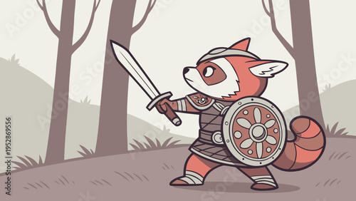 Small red panda warrior in ornate armor holding sword and shield, ready for battle in a forest clearing, determined expression, cute cartoon style