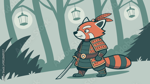 Red panda samurai in traditional Japanese armor, holding katana sword, standing in serene forest with lanterns, proud stance, cartoon illustration