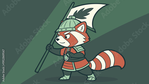 Red panda soldier wearing armor and helmet with feathers, holding a banner flag, looking determined, standing in forest, graphic illustration