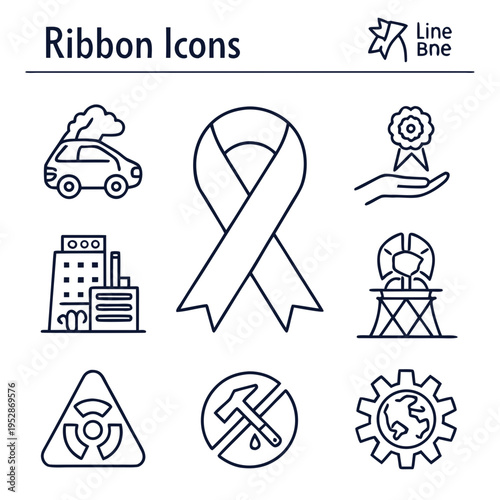 A collection of line art ribbon icons and environmental symbols showing pollution, industry, nuclear energy, and global issues