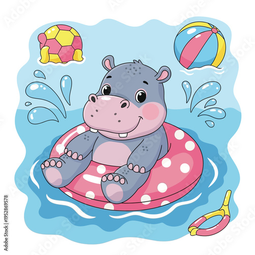 Cute cartoon hippopotamus floating on a pink inner tube.