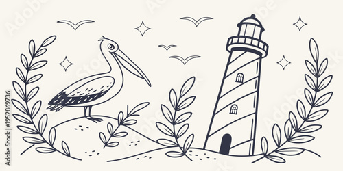 Pensive pelican perched on a sandy dune beside a tall striped lighthouse, seabirds flying overhead, coastal landscape illustration, serene nature scene