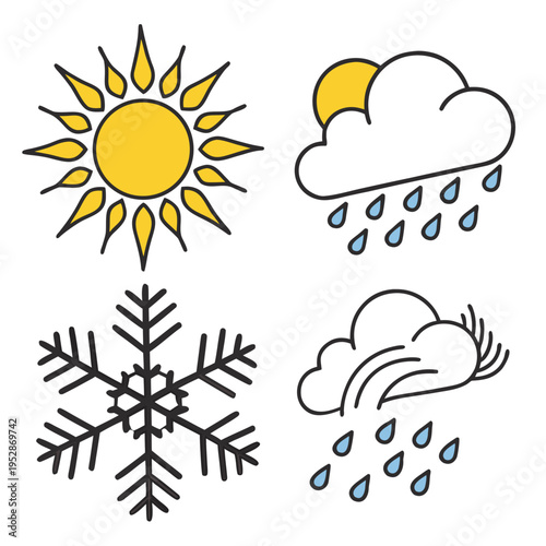 Weather conditions icons, bright sun, rain shower, snowflake, stormy cloud with rain, meteorological symbols, climate forecast, atmospheric variations, diverse weather elements