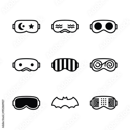 Collection of nine unique virtual reality goggles icons.