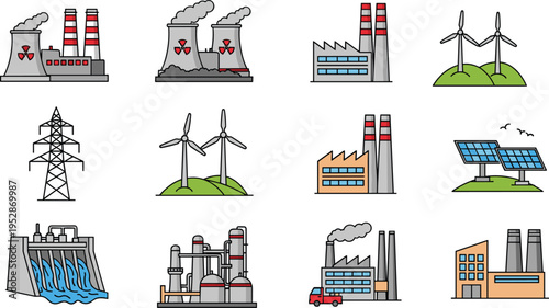 Set of Industrial Power Plant Icons Featuring Nuclear Energy Wind Turbines Solar Panels Hydroelectric Dam and Factory Buildings for Sustainable Energy and Environment Concepts