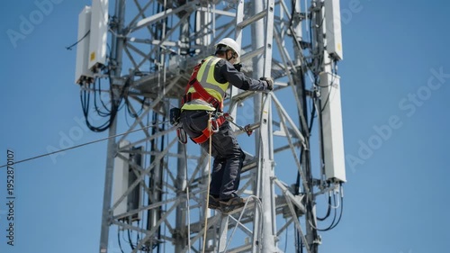 Medium shot of a worker wearing safety harness climbing a cell tower under sunny blue sky with blurred background of distant antennas.