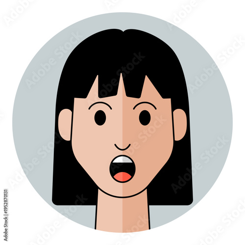Woman face avatar with surprised eyes and open mouth in circular frame. Female character portrait for shock emotion, amazement, wow reaction, and vocal assistant icon.