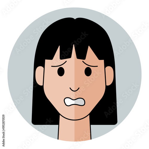 Woman face avatar with anxious eyes and worried mouth expression in flat style. Female character portrait for confused emotion, fear, security risk, and nervous support icon.