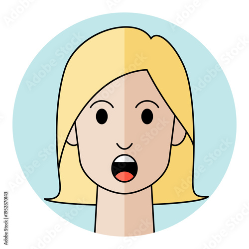 Woman face avatar with surprised eyes and open mouth in circular frame. Female character portrait for shock emotion, amazement, wow reaction, and vocal assistant icon