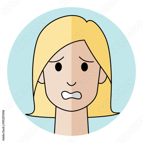 Woman face avatar with anxious eyes and worried mouth expression in flat style. Female character portrait for confused emotion, fear, security risk, and nervous support icon