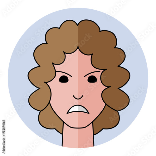 Angry woman avatar portrait icon with frustrated face and frowning mouth expression in flat style. Female character portrait with brown hair for mad emotion, bad mood.