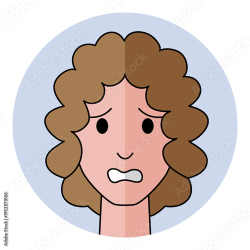 Woman face avatar with anxious eyes and worried mouth expression in flat style. Female character portrait for confused emotion, fear, security risk and nervous support icon.