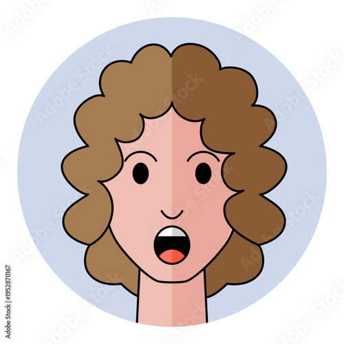Woman face avatar with surprised eyes and open mouth in circular frame. Female character portrait for shock emotion, amazement, wow reaction and vocal assistant icon.