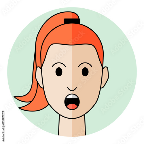 Woman face avatar with surprised eyes and open mouth in circular frame. Female character portrait for shock emotion, amazement, wow reaction and vocal assistant icon