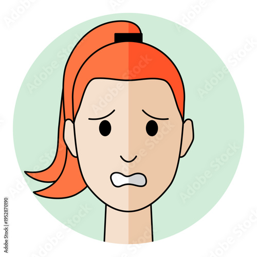 Woman face avatar with anxious eyes and worried mouth expression in flat style. Female character portrait for confused emotion, fear, security risk and nervous support icon