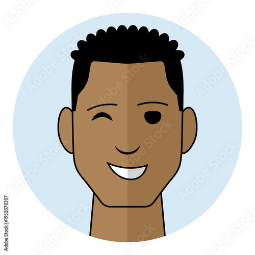 Black man avatar winking with playful smile showing friendly emotion and humorous expression. Male character portrait in circle interface design.