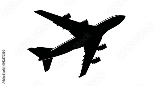 Black silhouette of a commercial passenger jet airplane in flight. Abstract graphic for air travel, aviation, and global transport.