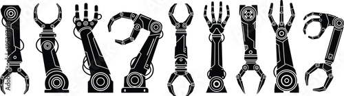 Set of Robotic Arm and Mechanical Hand Silhouettes Featuring Industrial Automation Grippers and Futuristic Cyborg Limbs Isolated on White Background for Technology and Engineering Graphics