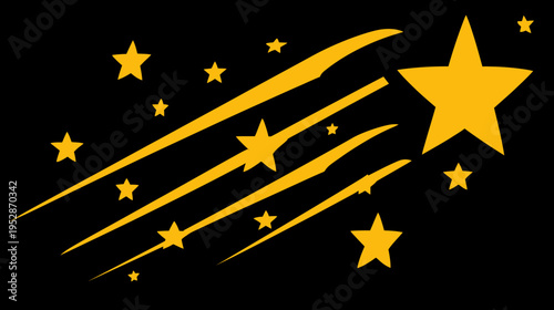 Shining golden shooting stars and scattered stars on a dark black background, celestial vector illustration, night sky magic concept.