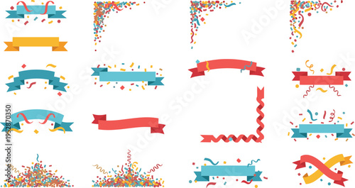 Confetti ribbons and celebration banners vector set with festive streamers, party decorations and colorful elements illustration