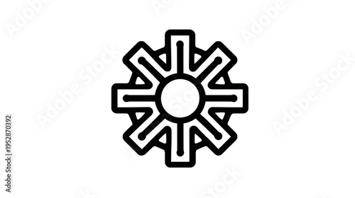 Minimalist black outline icon of a stylized gear or sunburst. Abstract geometric symbol for settings, technology, configuration, or process.